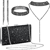 Kigeli 4 Pcs Women Rhinestone Evening Jewelry Set Clutch Purse Bag Crystal Rhinestone Tassel Necklace Stretch Bangle Bracelet Crystal Fringe Earrings Bling Glitter Handbag for Wedding Bride