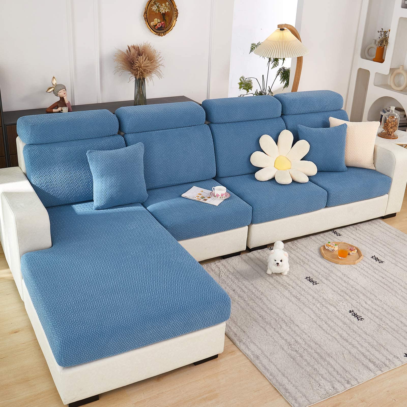 Sofa Seat Cushion Covers- High Stretch Non-Slip Couch Sofa Cover 1-Piece Universal for 1 2 3 4 Seater L Shape Chaise Longue Sofa Slipcovers for Living Room Dogs Pet (3 Seater, Weave Dark Blue)