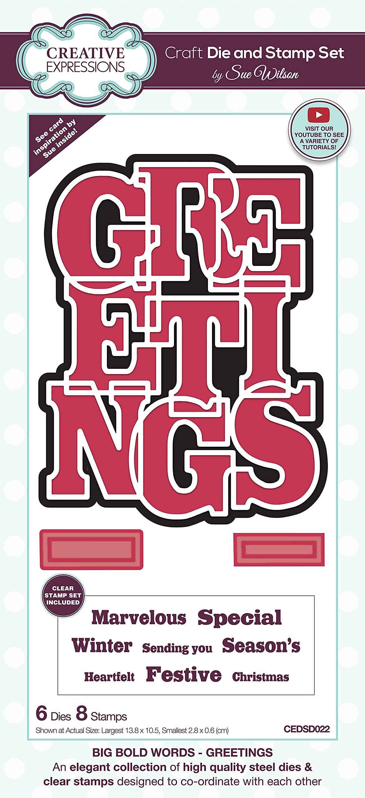 Creative Expressions Sue Wilson-Big Bold Words Greetings-Craft Die and Stamp Set, Metal, Largest 13.8 x 10.5 cm, CEDSD022