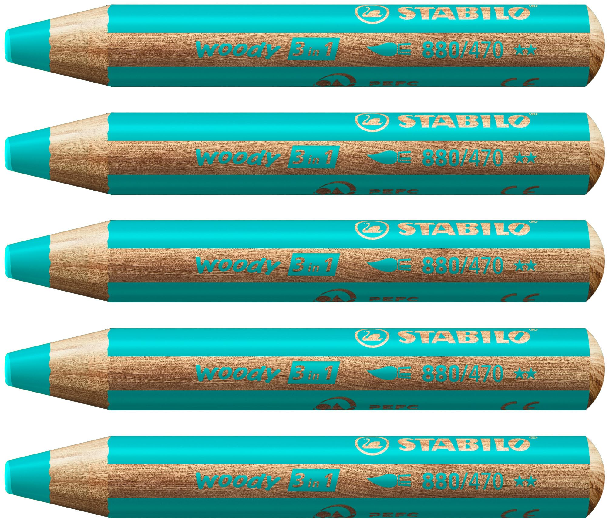 STABILO woody 3-in-1 - Multi-Talented Pencil - Pack of 5 - Turquoise