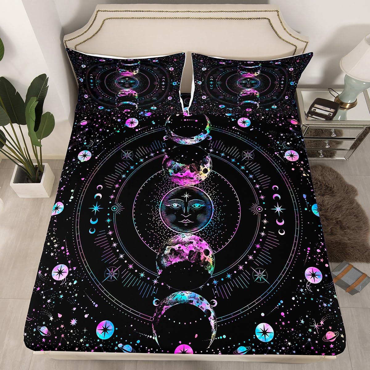 Sun and Moon Fitted Sheet Single Size, Stars Space Psychedelic Bed Cover with 1 Pillowcase, Boho Sun Moon Colorful Bedding Set 2pcs for Kids Girls Adult, Soft Polyester Bedding