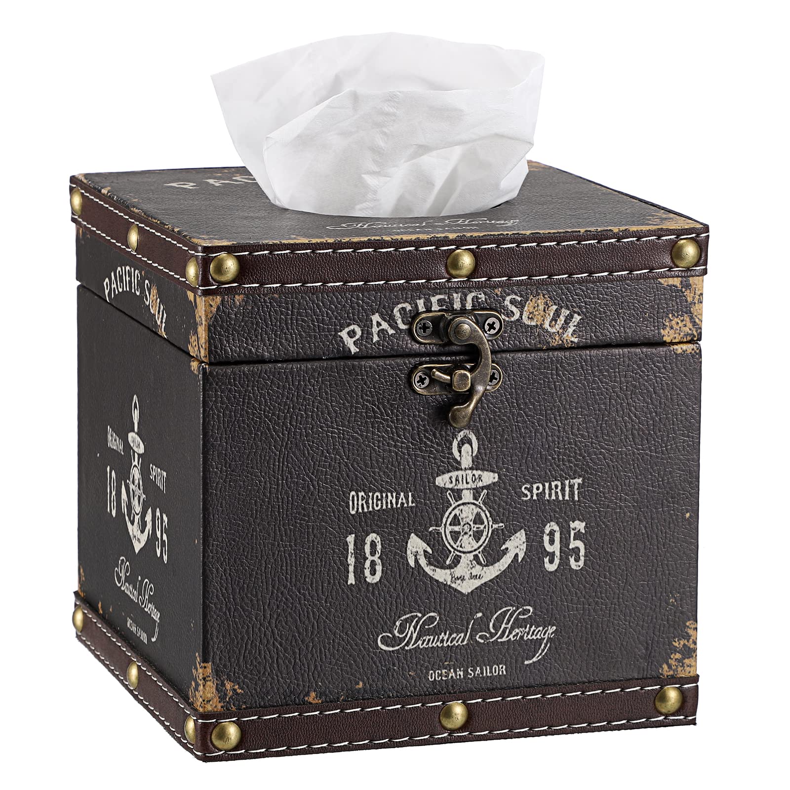 BTSKY Wooden + PU Retro Household Office Cube Square Tissue Holder Box Cover Napkin Holder, Elegant and Stylish Home Decoration (Dark Brown)