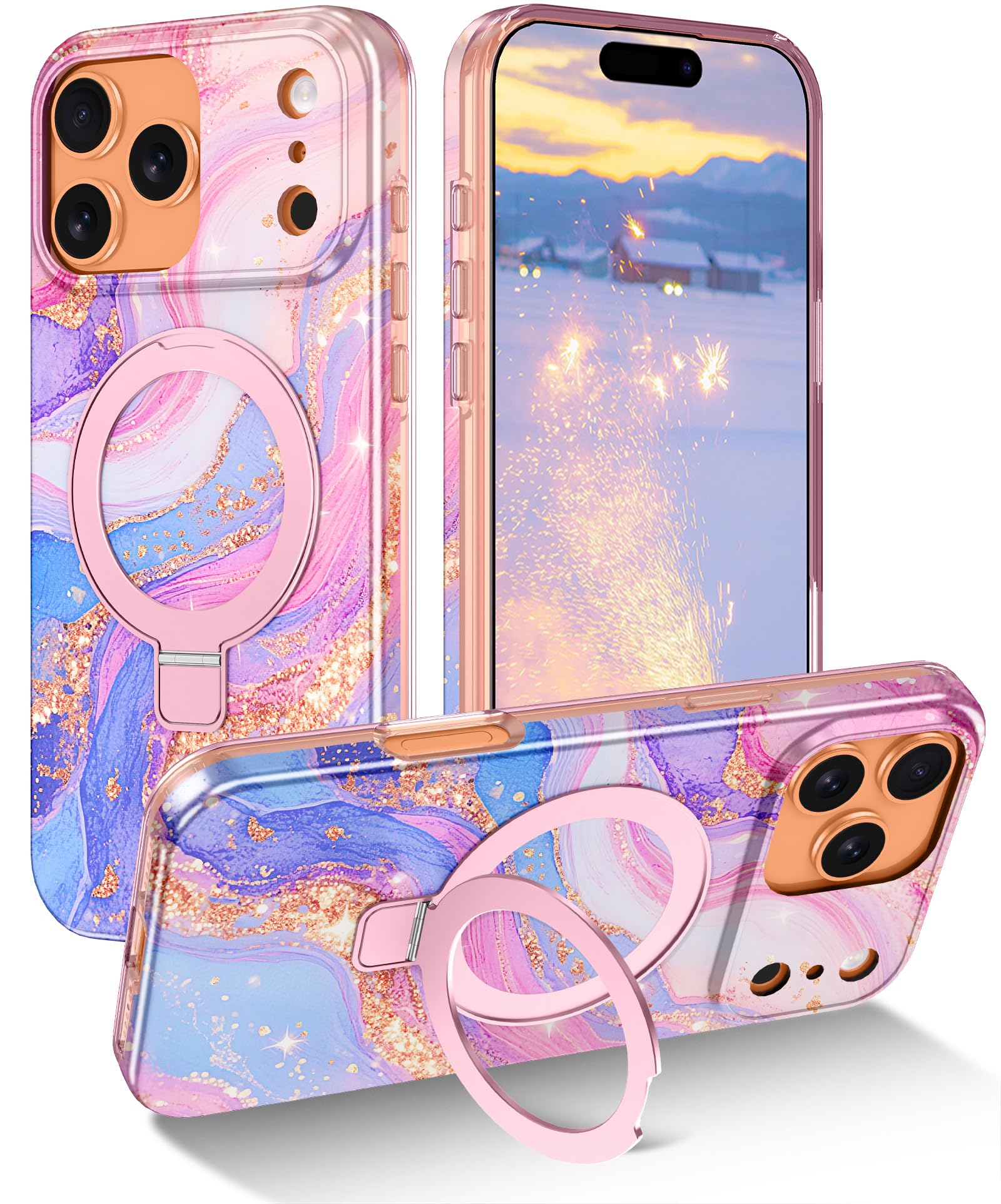 Lamcase for iPhone 17 Pro Case with Magnetic Invisible Ring Stand [Compatible with MagSafe], Full Body Rugged Slim Women Men Girl Shockproof Marble Pattern Design Case, Tender Pink