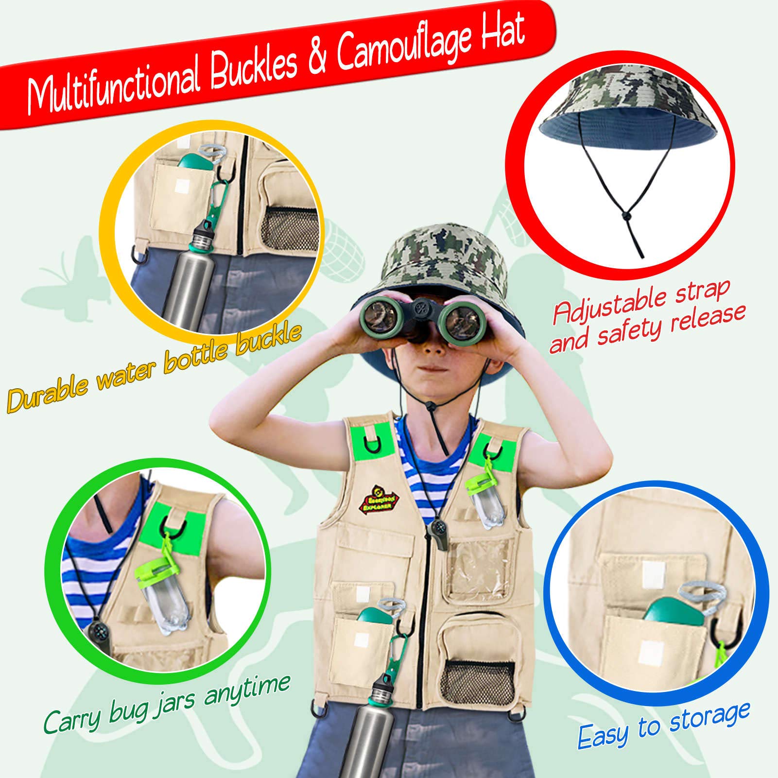 Outdoor Explorer Kit & Bug Catcher Kit with Vest, Outdoor Toy Gift for 3 4 5 6 7 8+ Year Old Boys Girls Kids Binoculars, Magnifying Glass, Butterfly Net, Camping, Adventure