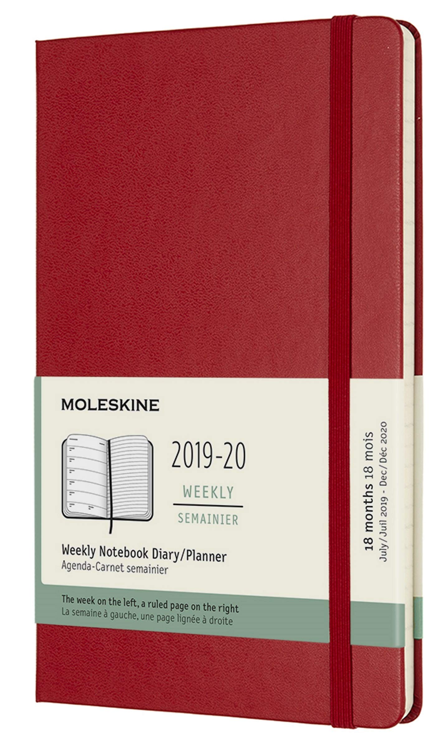 Moleskine 18 Months Agenda Weekly 2019/2020, Academic Diary with Hard Cover and Elastic Closure, Scarlet Red Colour, Large 13 x 21 cm, 208 Pages