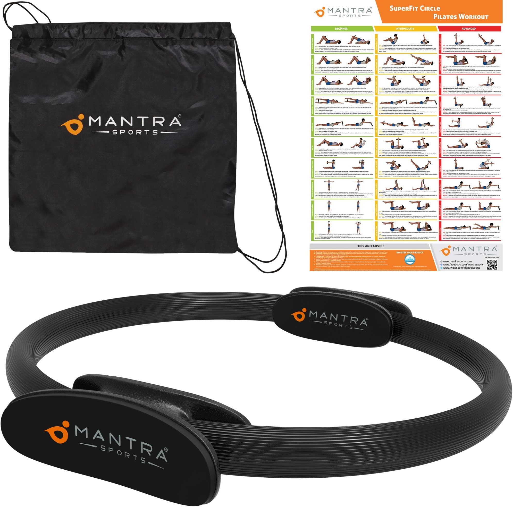 MANTRA SPORTS Pilates Ring Magic Fitness Circle - Exercise Resistance Equipment for Toning & Sculpting Inner & Outer Thighs-Improve Core Power Strength, Flexibility & Posture-Workout Poster & Bag