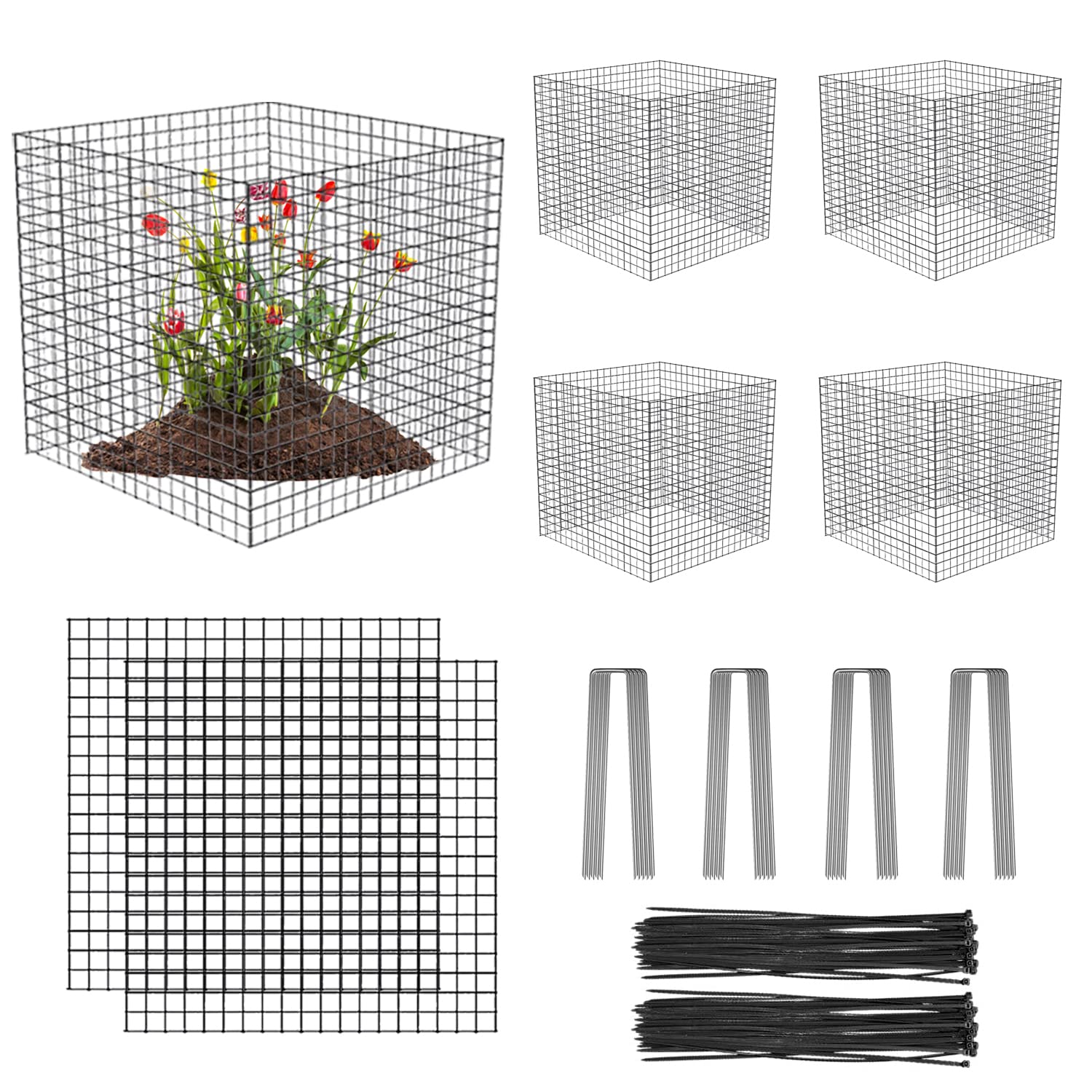 Photo 1 of 5 Pack Wire Plant Protectors Square Wire Plant Cages Mesh Plant Cage Chicken Wire Cloche with 20 Ground Stakes and 100 Nylon Ties Protect Plants, Garden,Shrubs and Vegetables from Animals, 12x12 inch