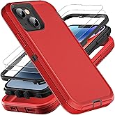YKHJKLEC for iPhone 13/iPhone 14, Military Grade 3 in 1 Heavy Duty Shockproof/Drop Proof/Dust Proof Case with 2Pcs Tempered Glass Screen Protector (Red/Black)