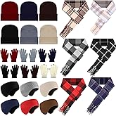 Mepase 24 Pcs Winter Warm Sets Knitted Beanie Hat Bulk Buffalo Plaid Scarf Touch Screen Gloves Earmuff for Men Women Homeless