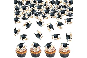 Fyeoxle 48pcs Edible Graduation Cap Cupcake Toppers Wafer Paper Gold Grad Cap Diploma Cake Decorations Edible Grad Cap Cupcake Picks for 2025 Graduation Theme Party Cake Decor Supplies