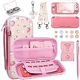 FIWWAT Switch Lite Case Carrying Case- 19 in 1 for Nintendo Switch Accessories Bundle with Switch Thumb Grips, Clear Protective, Screen Protector Cover, Cute Pendant, Stand, Stylus, for Girls, Pink