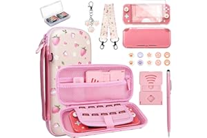 FIWWAT Switch Lite Case Carrying Case- 19 in 1 for Nintendo Switch Accessories Bundle with Switch Thumb Grips, Clear Protective, Screen Protector Cover, Cute Pendant, Stand, Stylus, for Girls, Pink