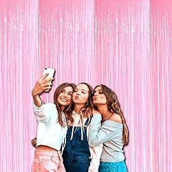 4 Pack Pink Foil Fringe Curtain Backdrop, 3.28Ft x