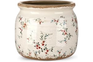 Ninehaoou Vintage Planter Large Ceramic Plants Pot Beige Red Rustic Floral Ice Crack Cottage Scroll Vase Flower Vase Pot Indoor Plants Home Kitchen Decor Farmhouse Antique Decorative Gifts
