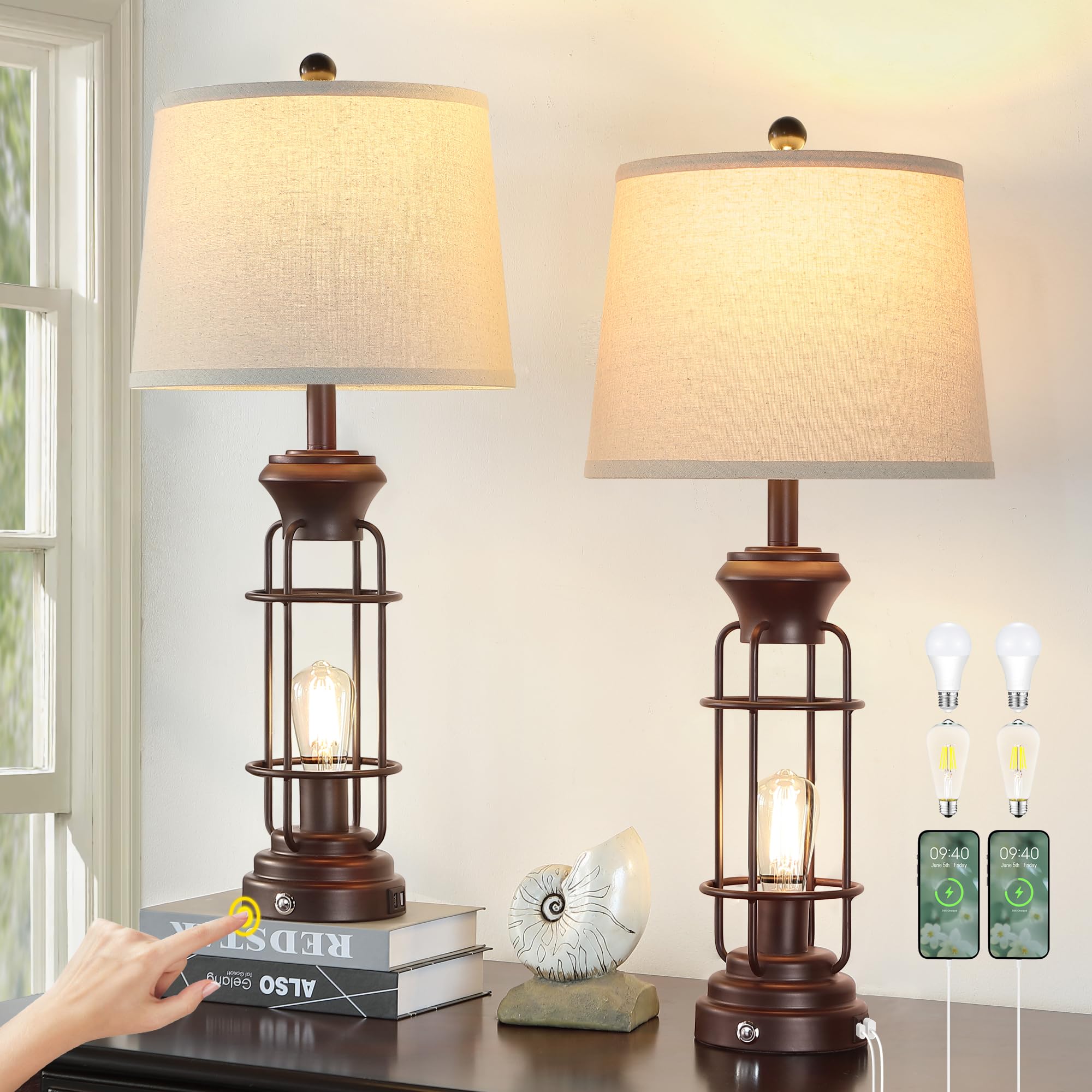 Reaketon Table Lamps for Living Room Set of 2, 28" Tall Farmhouse Table Lamp with Oil Rubbed Bronze Finish, Bedroom Lamps for Nightstand with White Oatmeal Lampshade, 4 Bulbs Included Image
