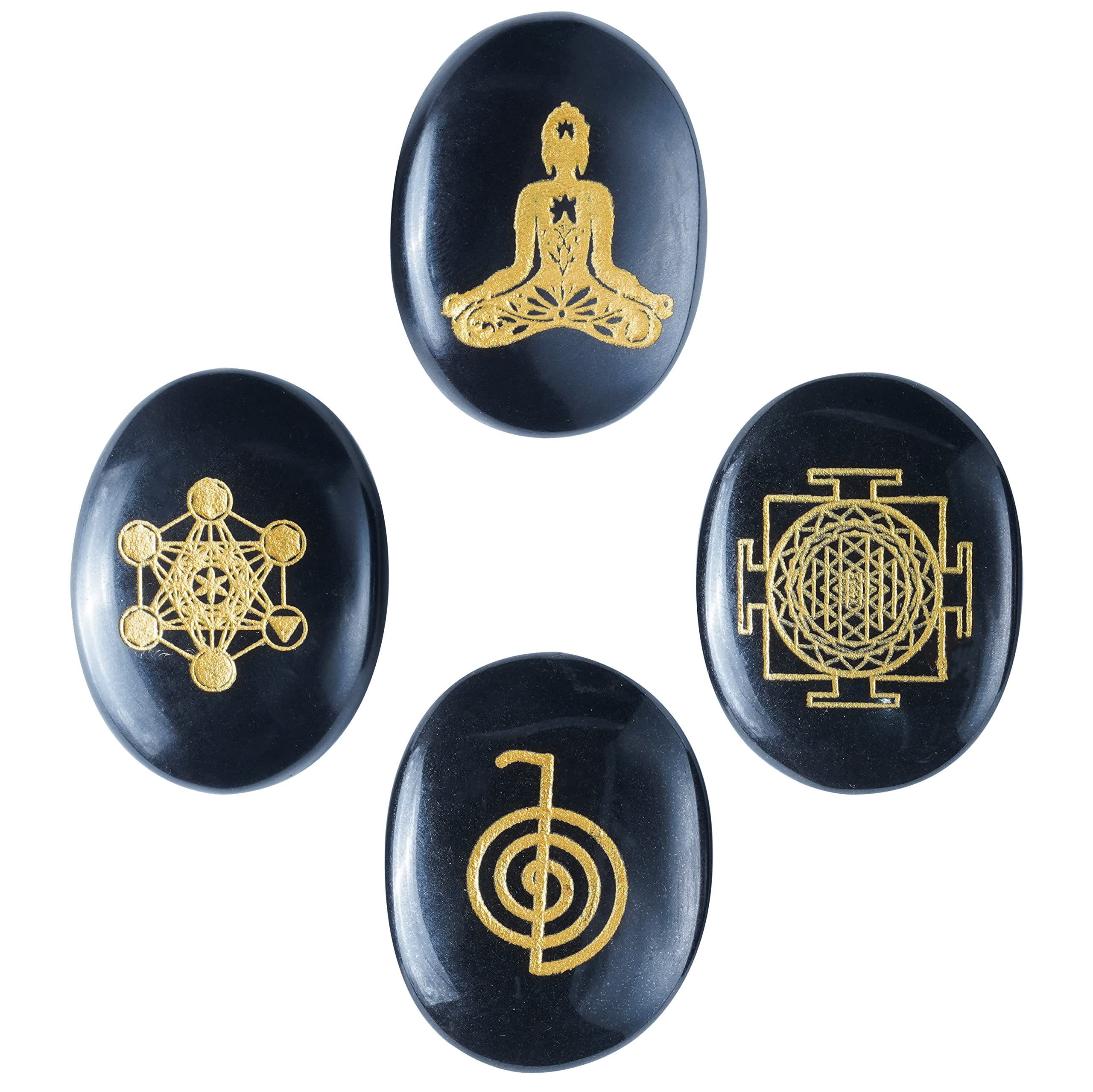 Crocon® black agate engraved stone Reiki symbols Polished Palm Stones (set of 4) sacred geometry symbols set for good luck Positive healing meditation gemstone gift sets