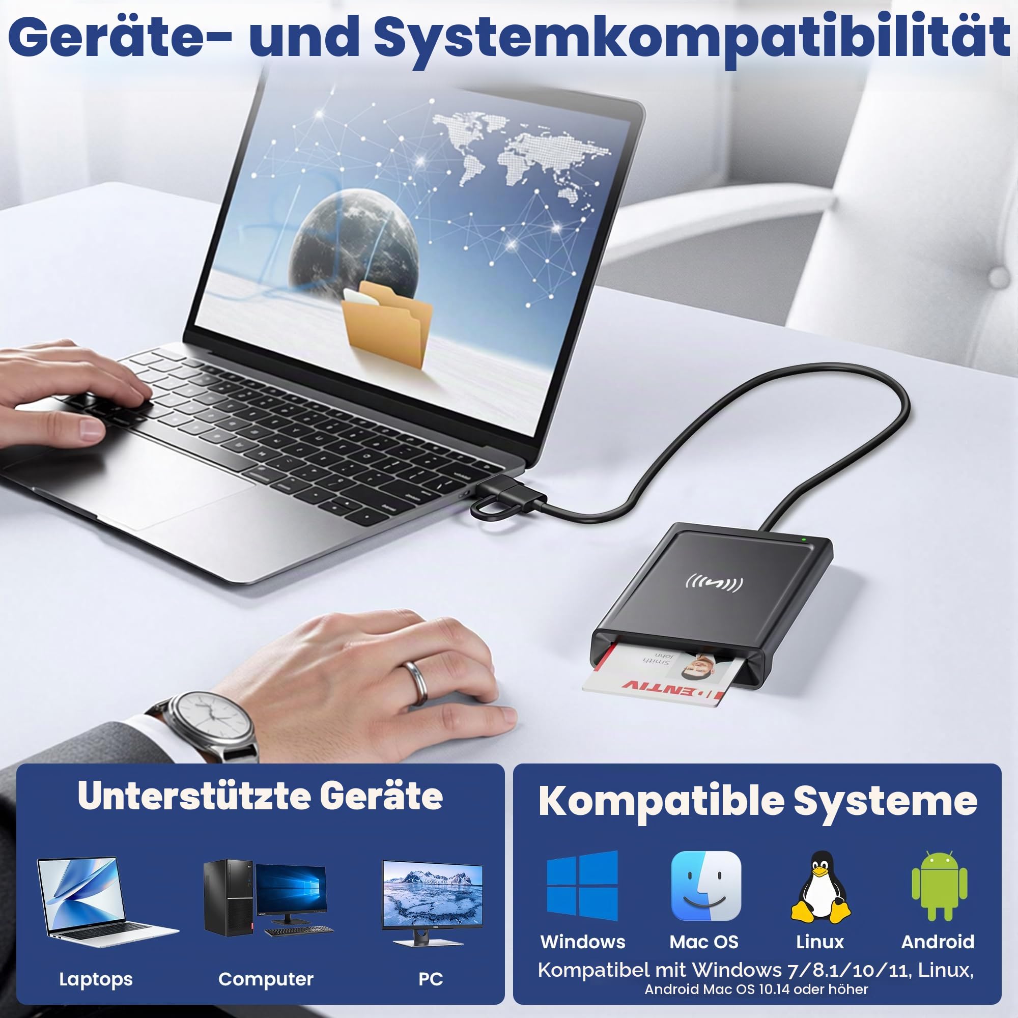 USB‑A & USB‑C Chipkartenleser mit NFC, SmartCard Reader DOD Military Kartenlesegerät für den Neuen Personalausweis, Bankkarten, kompatibel mit Windows, macOS, Linux, Android & PC – 95 cm Kabel 6