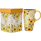 Topadorn 17oz Sunflower Ceramic Travel Mug with Lid & Handle, Porcelain Coffee Cup with Gift Box, Dishwasher & Microwave Safe, Ideal for Daily Use, Commute & Gifting