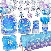 Winter Birthday Party Decorations Serve 24, Snowflake Winter Wonderland Decorations Disposable Tableware Includes Paper Plates Napkins Tablecloth for Christmas Winter Holiday New Year Birthday Party
