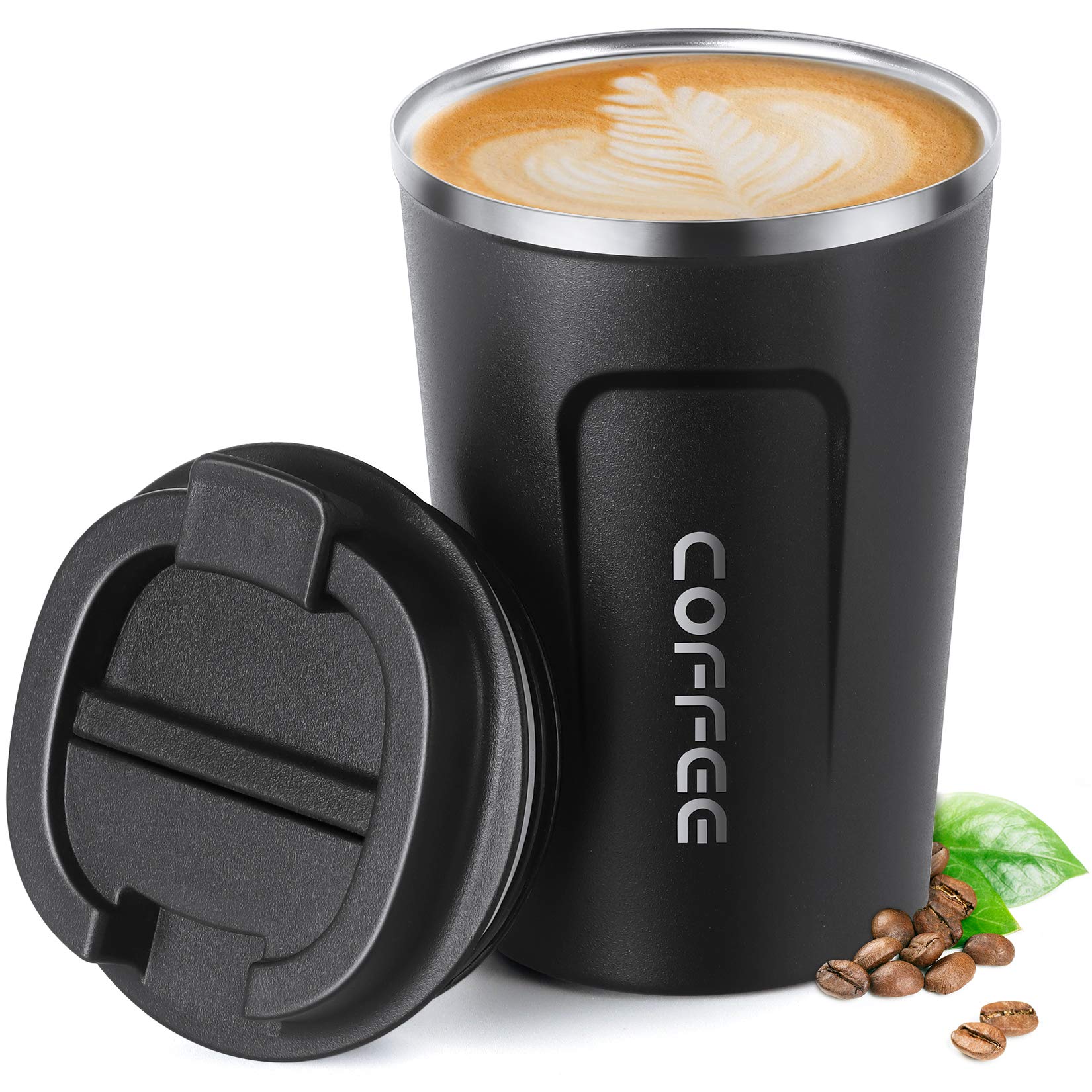 Smilatte 13oz (380ml) Vacuum Insulated Travel Mug, Leakproof Double Wall Stainless Steel Reusable Coffee Cup with Lid for Hot & Cold Drinks, Matte Texture Black