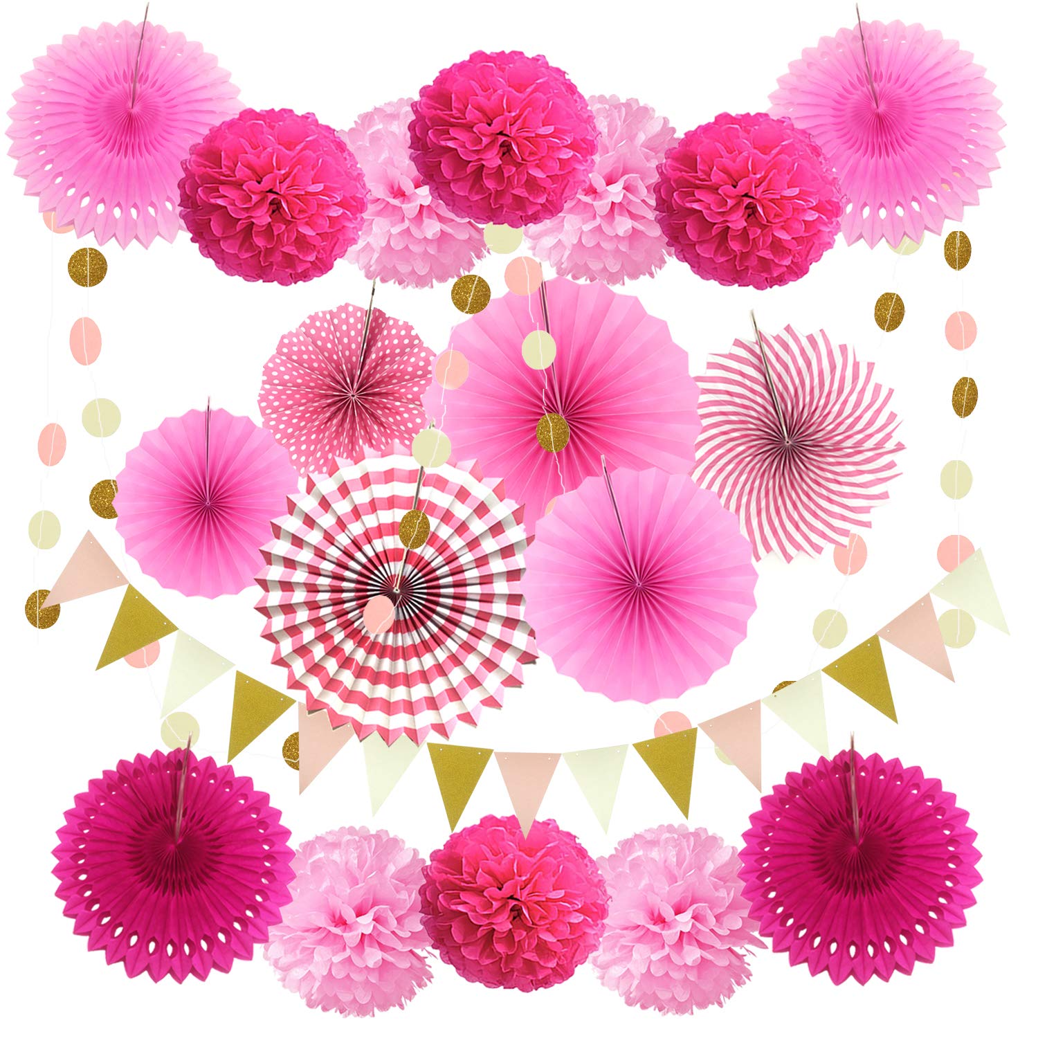 ZERODECO Party Decoration, 21 Pcs Pink and Rose Red Hanging Paper Fans, Pom Poms Flowers, Garlands String Polka Dot and Triangle Bunting Flags for Birthday Parties Bridal Showers Baby Showers Wedding