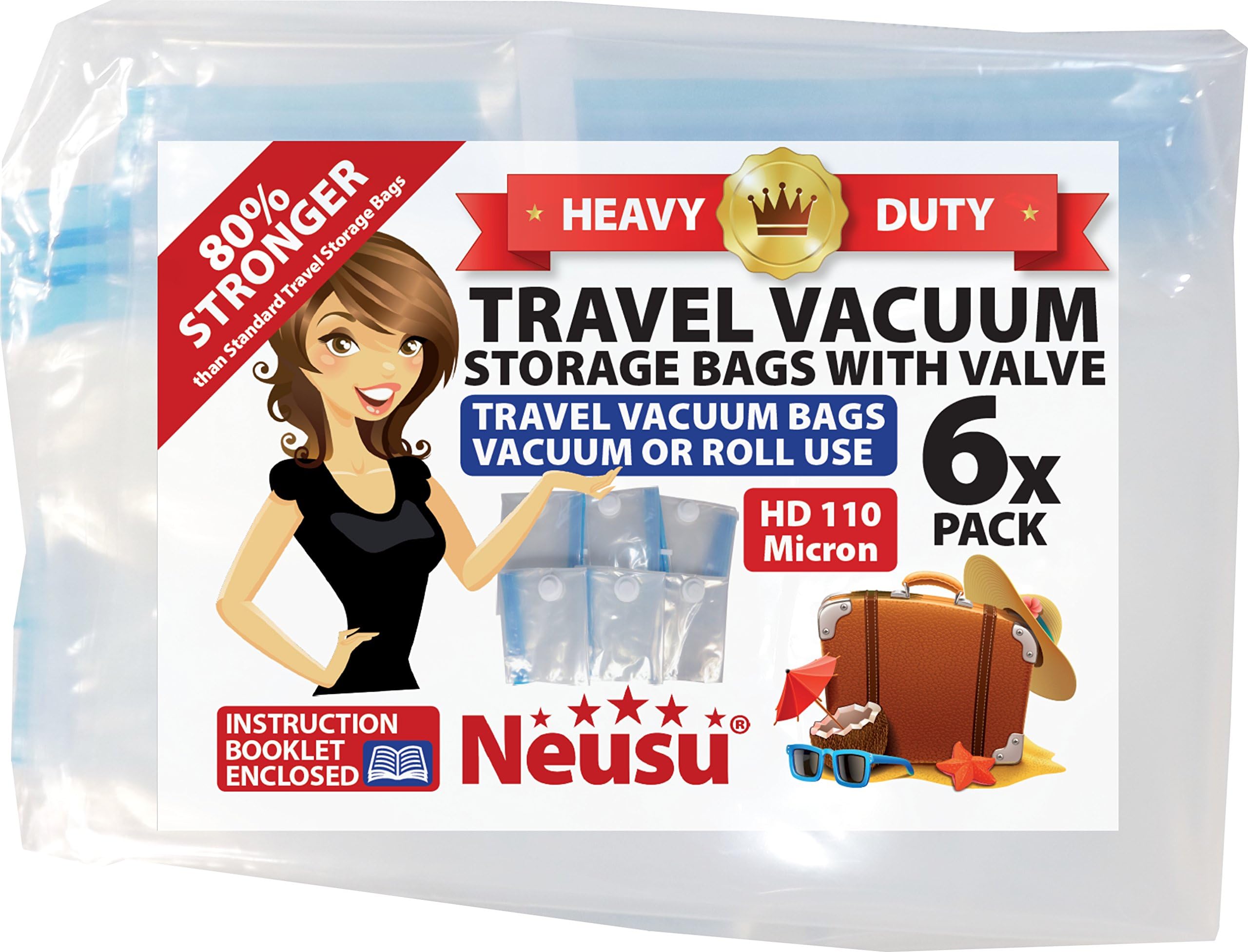 Neusu Strong Travel Vacuum Bags With Valves, 6 Pack Assorted 40x60cm/50x70cm