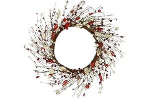 WreathDream Artificial Christmas Wreath Winter Wreath with Wooden Cream Buttons and red Holly Leaves for Front Door Farmhouse Indoor Outdoor Holiday Home Decor