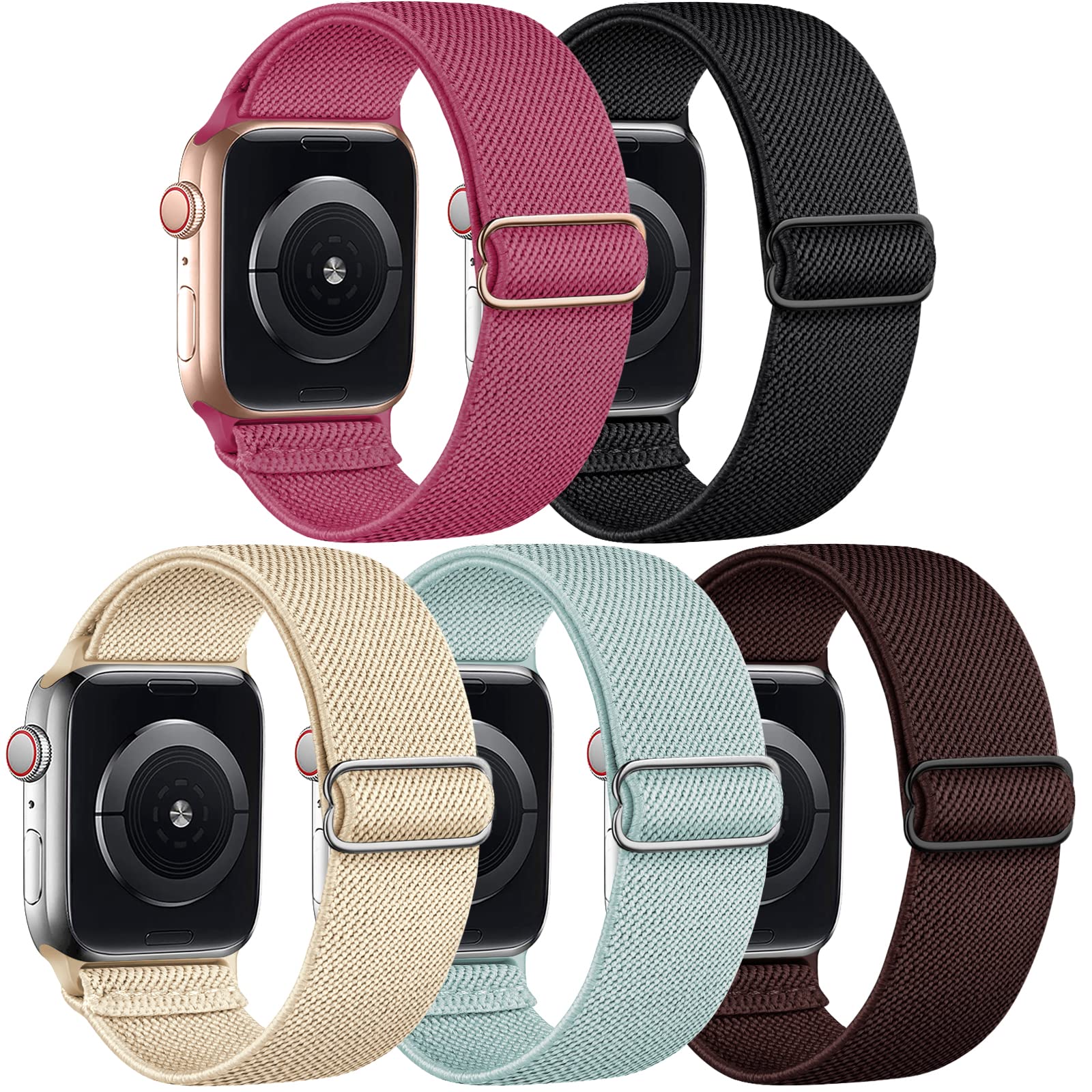 5 Pack Stretchy Nylon Band Compatible with Apple Watch Bands 40mm 41mm 42mm 44mm 45mm 46mm 49mm 38mm for Women Men, Braided Solo Loop Strap for iWatch SE3 2, Ultra3 2 1, Series 11 10 9 8 7 6 5 4 3 2 1