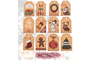 48pcs Christmas Name Tags with String, Assorted Pattern Gift Tags Premium Craft Paper Labels for Presents Wrapping Holiday Cr