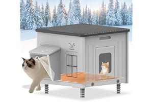 Tepoal Plastic Heated Cat House for Outside Winter, Elevated Feral Cats Shelter 100% Weatherproof & Insulated with Safe Escape Door, Outdoor Cat House with Heated for Stray Kitty Grey 17.7"X17"X17.5"