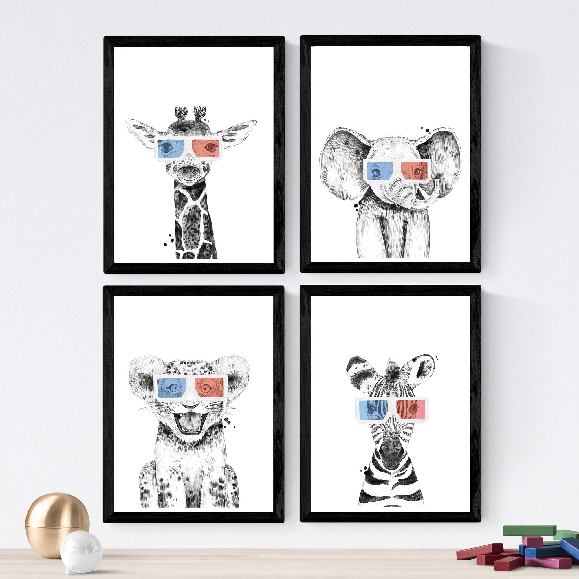 Nacnic Set of 4 sheets with 3D glasses Kids Animals in A3 size, Poster paper 250 gr Frameless