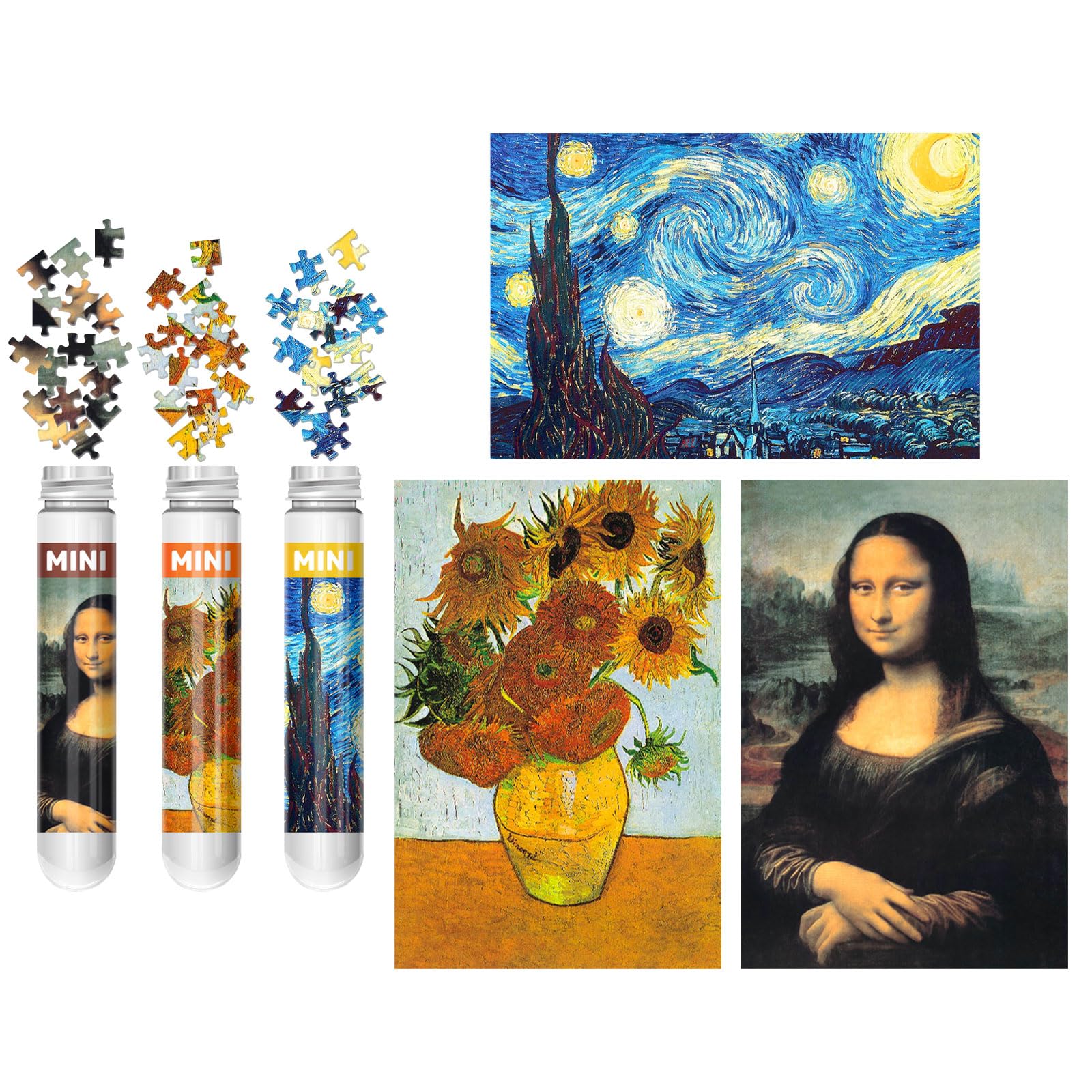 Photo 1 of 150 Puzzles Mini Jigsaw for Adults & Kids, 6 x 4 Small Capsule Tube Sets - Starry Night Mona Lisa Sunflower Pack