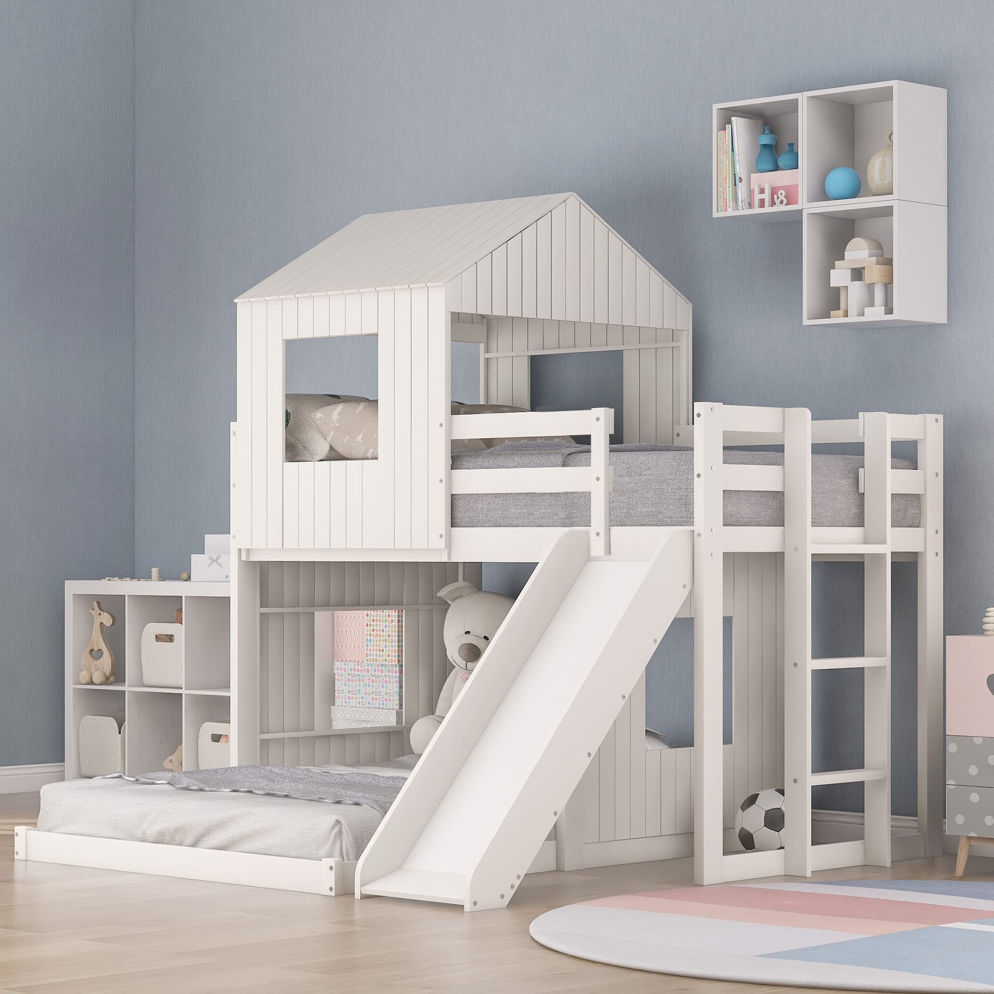 Photo 1 of ** Only box # 3 Included, missing parts **  Merax Twin Over Full Bunk Bed Frames Loft Bed with Slide, House Roof, Window and Safety Guardrails for Boys or Girls, White
