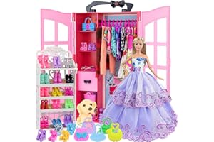 Ecore Fun 120 Pcs Fashion Doll Closet Wardrobe for Doll Clothes and Accessories Storage Include Clothes, Dresses, Shoes, Shoes Rack, Bags, Necklace, Hangers for 11.5 Inch Girl Doll Clothes