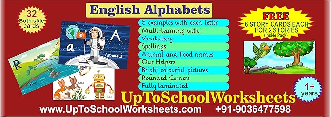 English with Pictures & Names Flash Cards 5 Pictures with Each Letter. 6 Story Cards for 2 Stories Extra