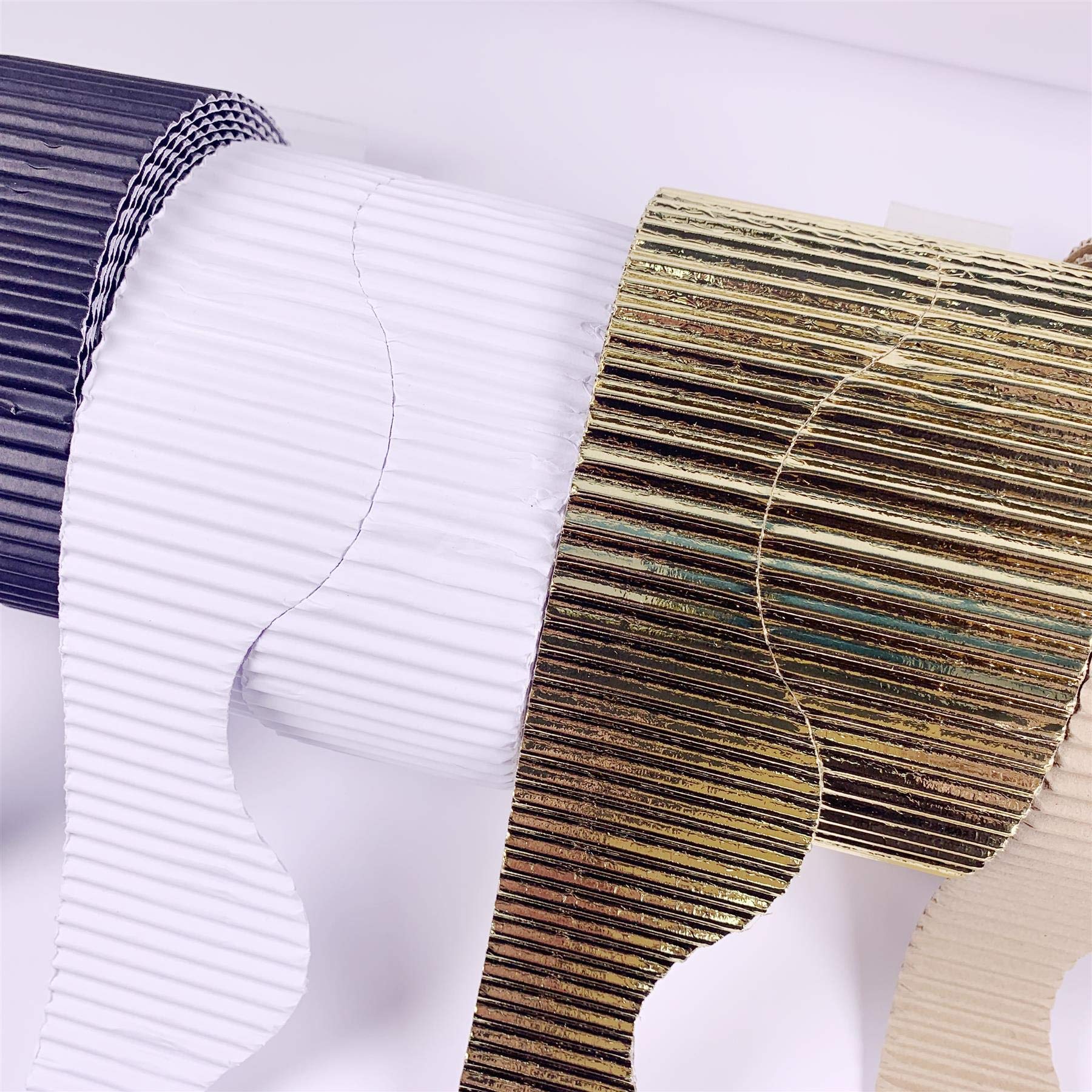 Pack of 4 Neutral Display Border Roll Corrugated Border Rolls in a Natural Colours - Use on Poster Paper Display Board Backing Paper - Scallopped Wavy Edged Borders for Display Boards