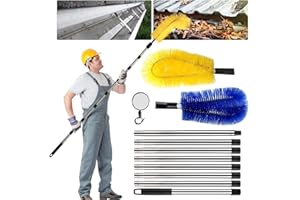 LAIAMER Gutter Cleaning Tools from The Ground, 10ft Gutter Cleaner with 2 Gutter Cleaning Brush, Roofing Tool Rain Gutter Guard Cleaner Tool, Easy Remove Leaves and Debris from The Ground, Yellow/Blue