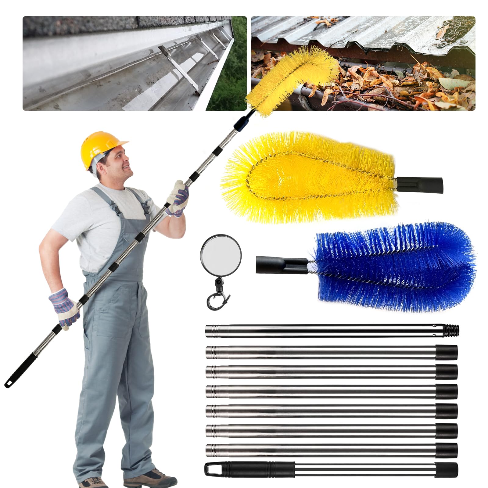 Gutter Cleaning Brush Tools Telescopic Gutter Cleaner 10ft Extendable Brush with Rotatable Mirror for Cleaning Roof Gutter Cleaning Pole 8 Pcs Detachable Cleaning Brush Tool for Cleaning Leaves