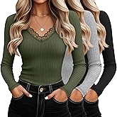 Oakgarden 3 Pack Women's Cotton Long Sleeve Tops V Neck Ribbed Knit Lace Sexy Shirts Slim Fit Dressy Casual Tight Basic Tees