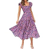 DOROSE Women's Summer Floral Dress Square Neck Smocked Boho Midi Dress Ruffle Tie Back Flowy Beach Long Tiered Dress