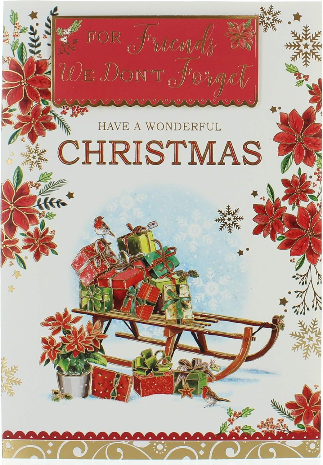 Friends We Don't Forget Christmas Card - Red Door Robin on Fence Foil 7.5x5.25", Multi, 19cm x 13.5cm