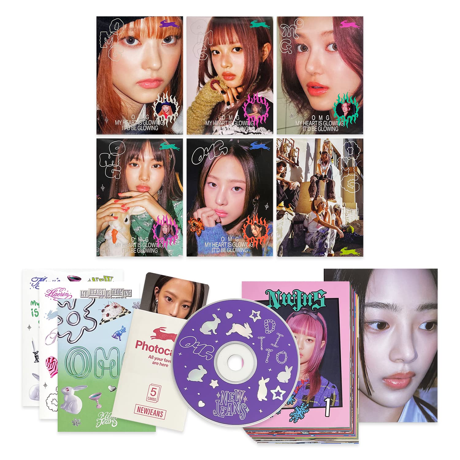 NewJeans - 1st Single [OMG] (Message Card Ver - Random Ver) Out Box + Message Cards + Photobook + Lyrics + CD + Photocards + Sticker + 1 PVC Card