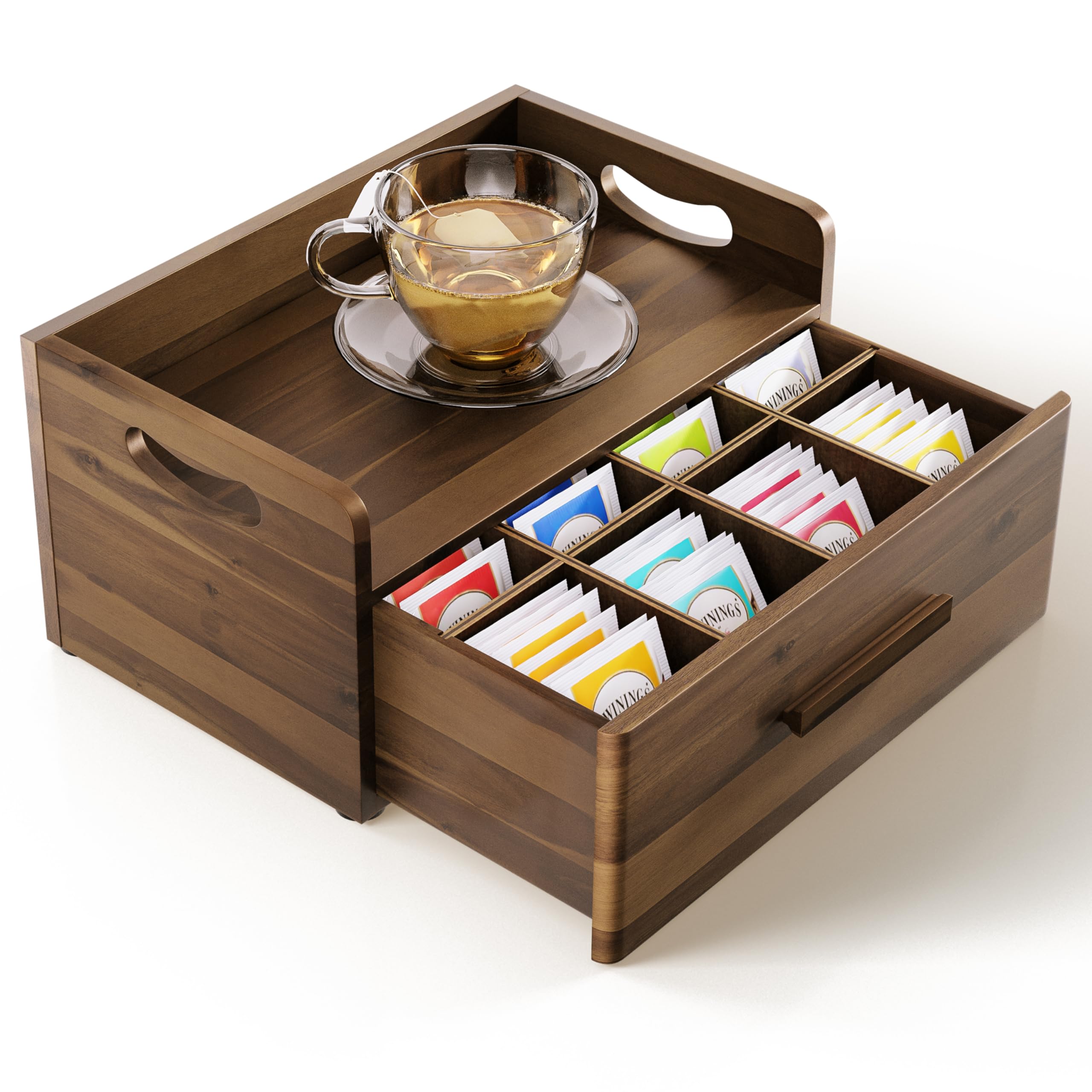 Photo 1 of Tinamo Acacia Wooden Tea Box Organizer with Drawer – Tea Chest for Tea Bags Storage – Tea and Coffee Organizer - Wooden Tea Tray and Containers for Countertop Display (Walnut)