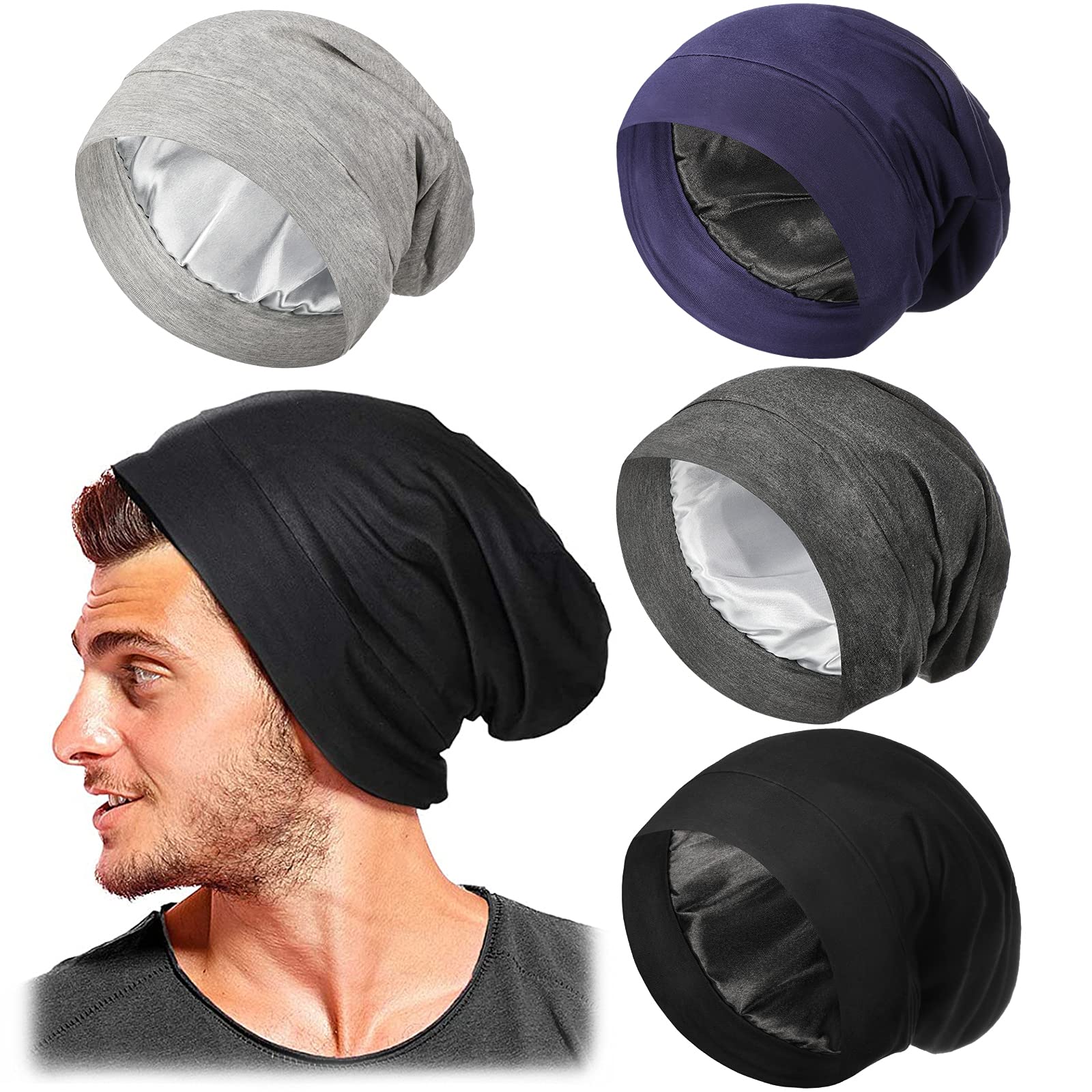 Photo 1 of Geyoga 4 Pcs Satin Lined Sleep Bonnets Silk Sleep Caps Slouchy Beanie Hat Sleeping Head Wrap for Curly Protection Men Women (Dark Colors)