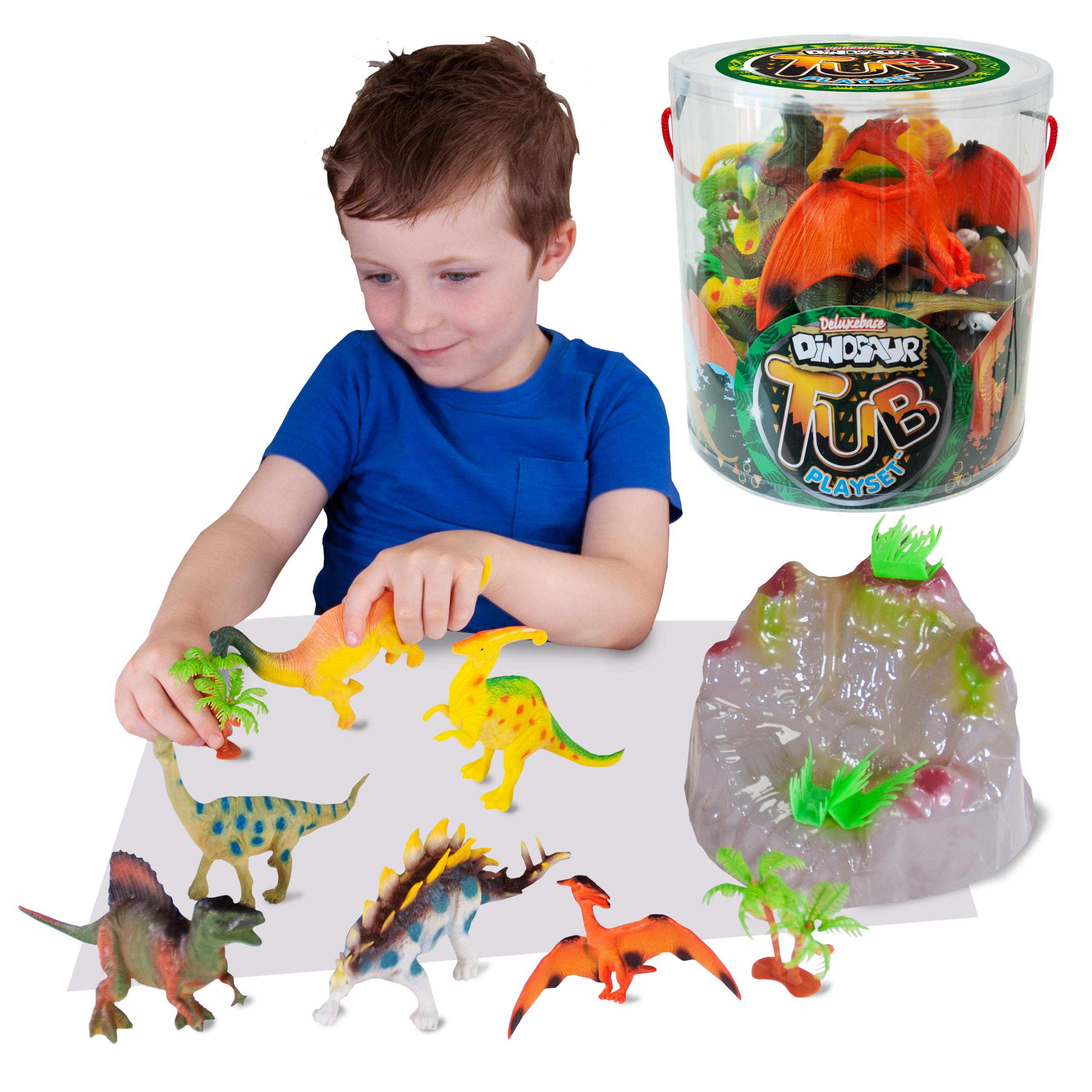 Tub Playset - Dinosaurs from Deluxebase. 12 Piece Educational Animal Toy Playset for Kids. Reusable Tub with 9 Dino Toys Includes with T-Rex, Stegosaurus, Pterodactyl, and Jurassic Accessories