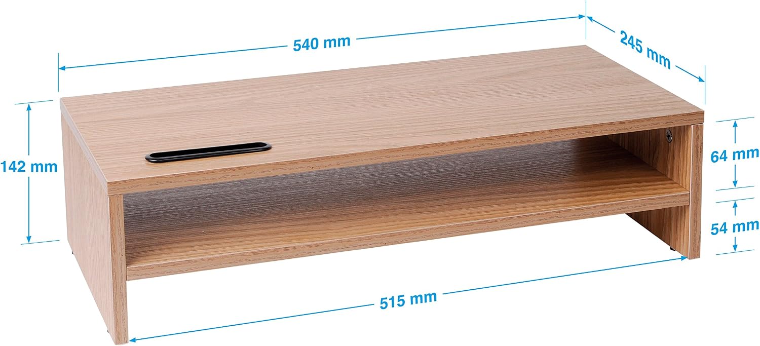 Ttap Oak Wood Two Shelf Laptop Stand/TV Desk Stand/PC Monitor Riser/Desk Organiser with Smart Phone Holder / 54cm L x 24.5cm D x 14.4cm H - Image 3