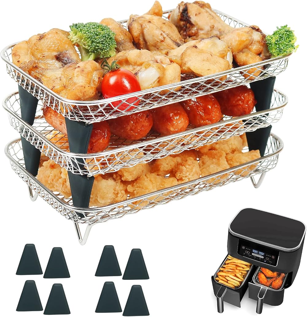BYKITCHEN Air Fryer Rack for Ninja Dual Basket, 3 Layers, Stainless Steel