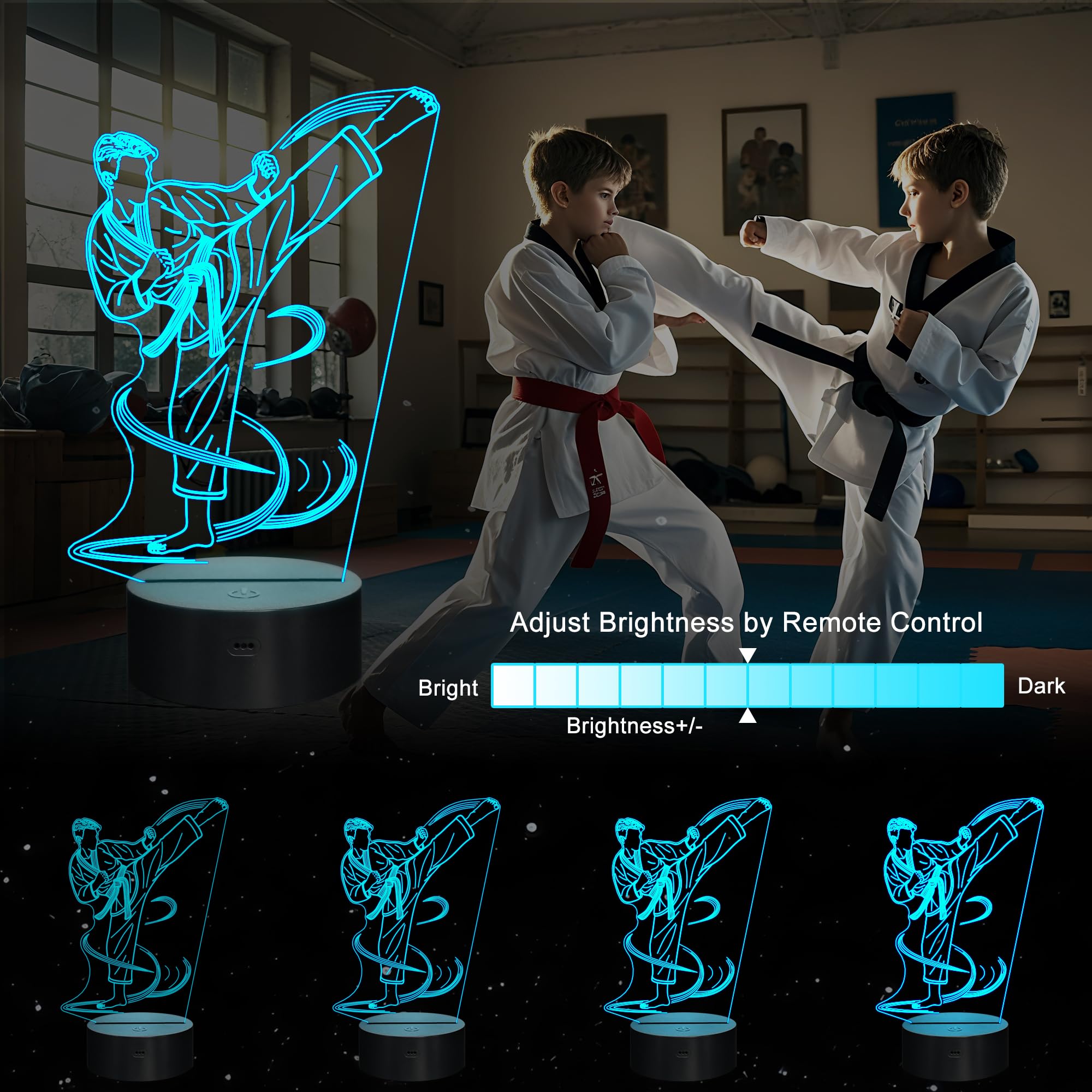 Ammonite Karate Nachtlicht, Karate Spieler 3D Lampe 16 Farben wechselnd mit Fernbedienung und Timer, Männer Karate Dekoration Licht Geburtstag Weihnachten Geschenke für Kinder Jungen Sport Fan 4