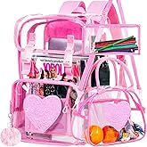 FTJCF 3PCS Pink Clear Backpack, Heavy Duty Transparent Bookbag for Girls Women, Stadium Approved See Through Backpack Set (Pink Sequins)