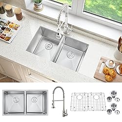 ATTOP Double Bowls Undermount Sink With Faucet,32